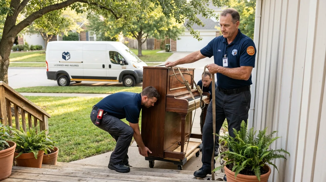 Licensed piano movers securing grand piano in Omega, GA