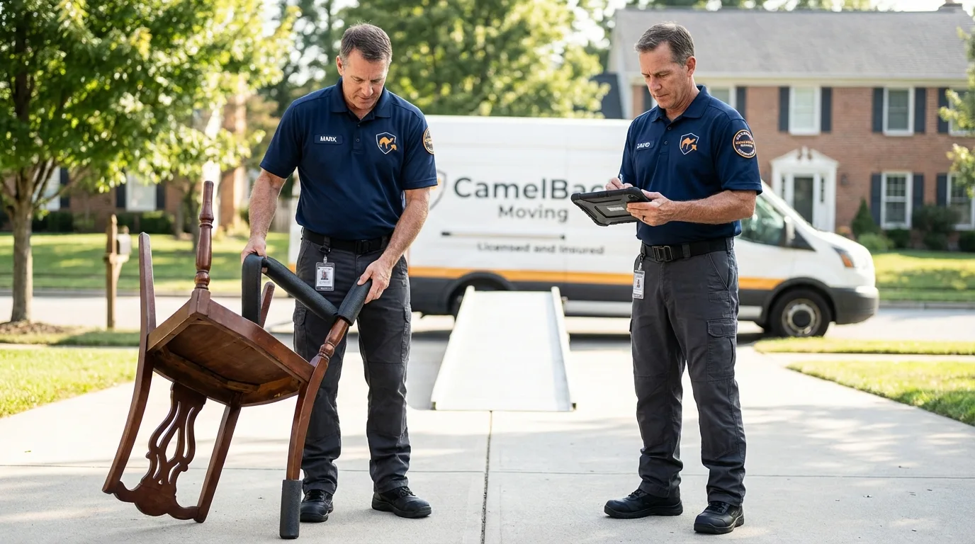 Movers inspecting furniture for damage prevention before loading in Omega, GA
