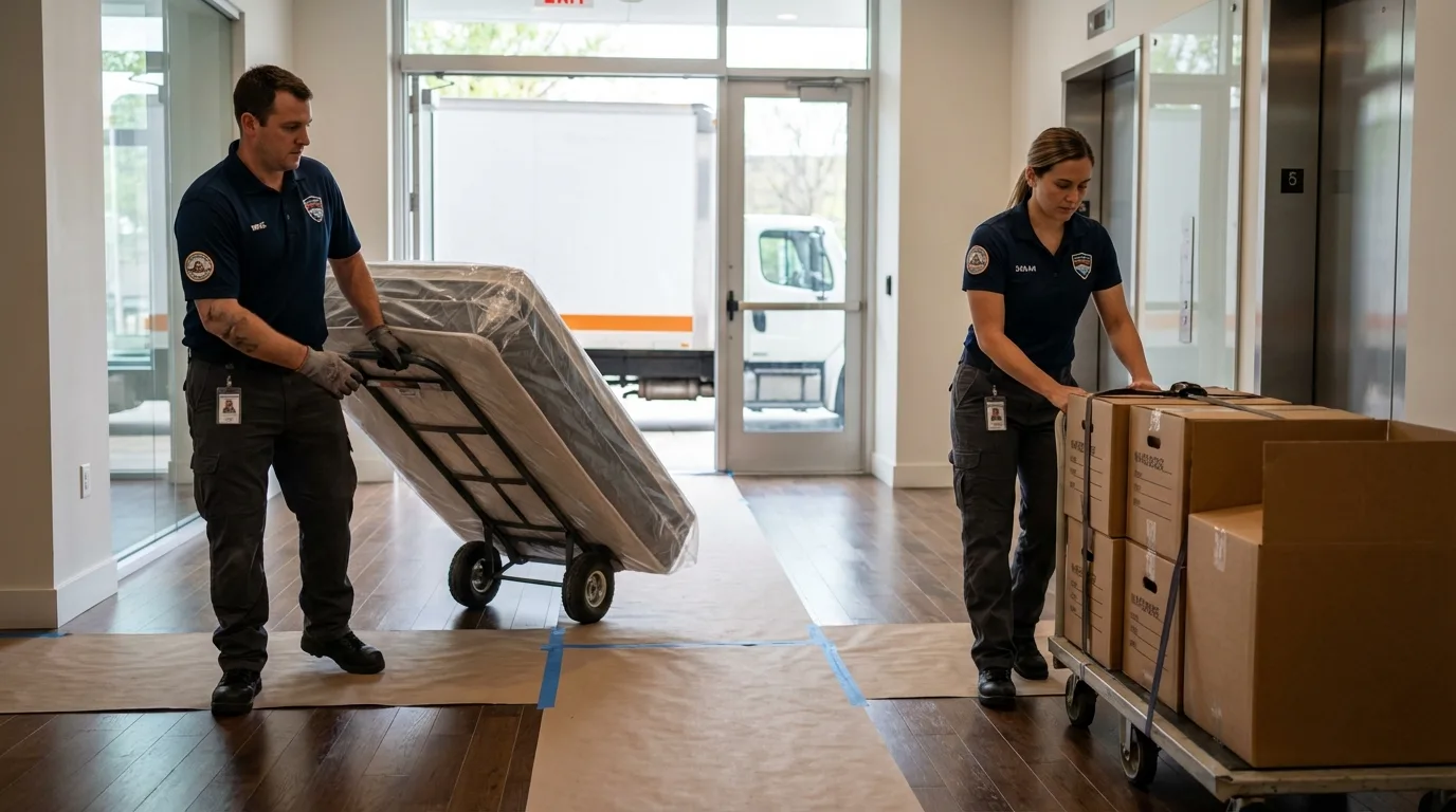 Professional apartment movers loading elevator in Omega, GA