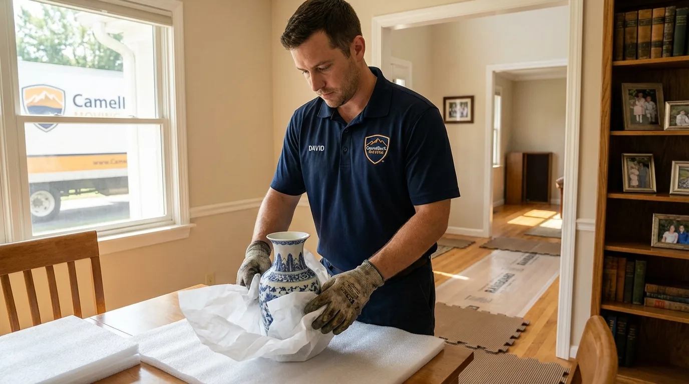 Professional crew carefully wrapping antique vase for senior downsizing move in Omega, GA